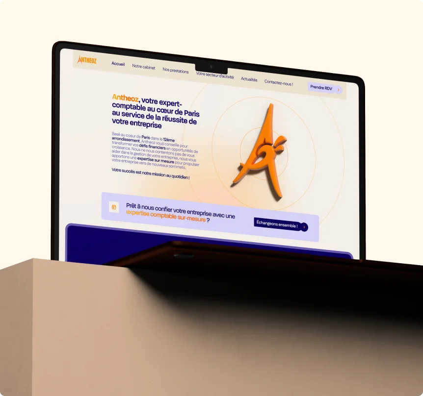 Ecran d'ordinateur portable, ouvert sur le site du cabinet Antheoz